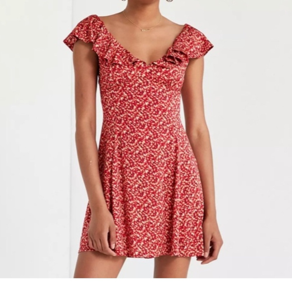 Urban Outfitters Floral Red Ruffle Sleeve Mini Dress